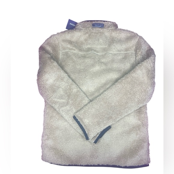 Vineyard Vines 1/4 Zip Teddy Fleece Pullover Tan Blue Trim Boy's Small 8-10 NWT - Picture 3 of 3